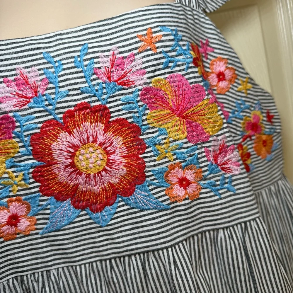 Savanna Jane Dress Large Floral Embroidered Striped Blue Ruffle Shift Travel - Picture 2 of 11